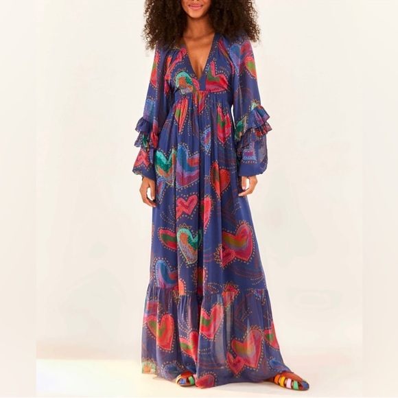 FARM Rio Dresses & Skirts - Farm Rio blue Shinny hearts print balloon sleeve maxi dress